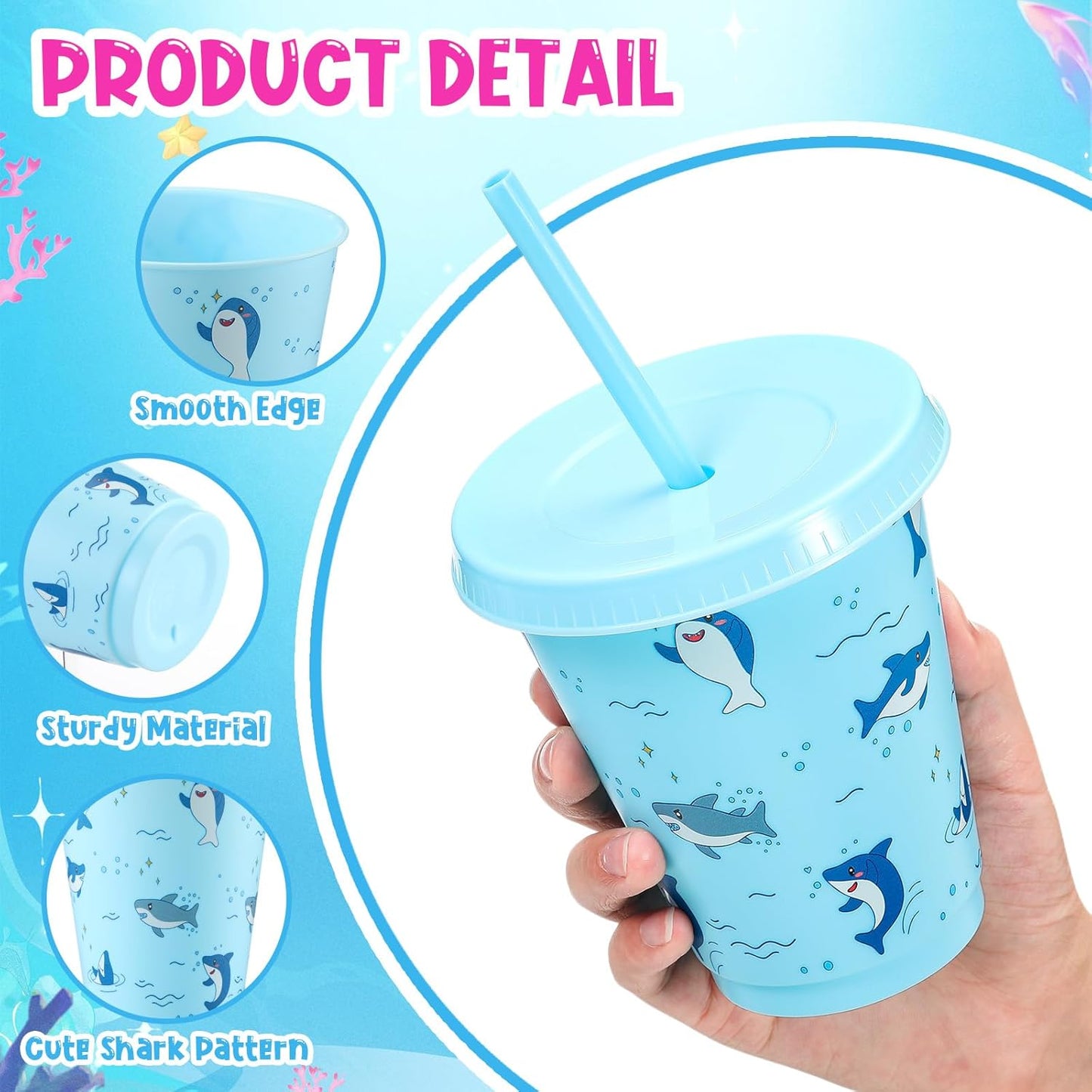 24 Set 16oz Summer Shark Cups Bulk with Lids and Straw Ocean Sea Plastic Tumblers Shark Themed Party Favor for Birthday Summer Activities Supplies(Bright)