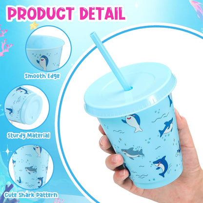 24 Set 16oz Summer Shark Cups Bulk with Lids and Straw Ocean Sea Plastic Tumblers Shark Themed Party Favor for Birthday Summer Activities Supplies(Bright)