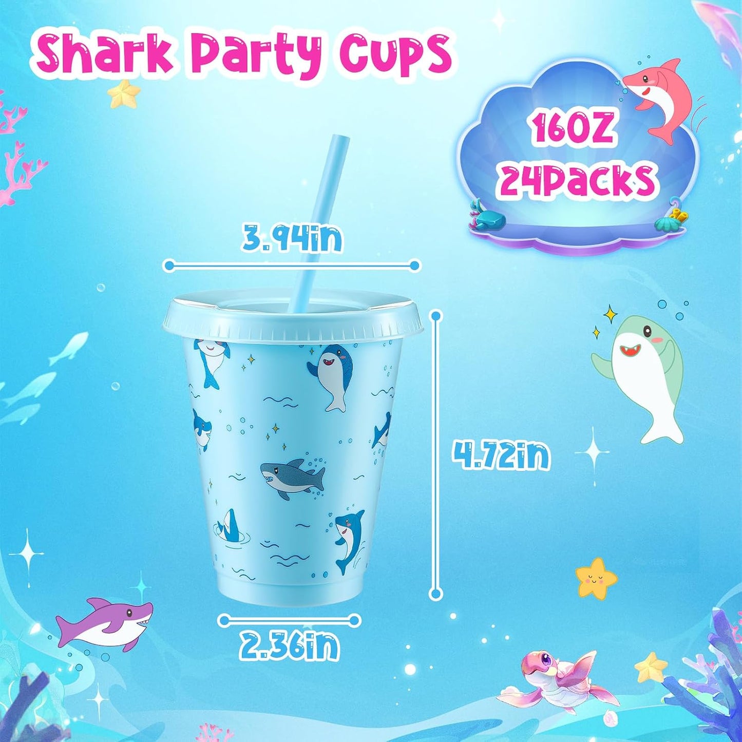 24 Set 16oz Summer Shark Cups Bulk with Lids and Straw Ocean Sea Plastic Tumblers Shark Themed Party Favor for Birthday Summer Activities Supplies(Bright)