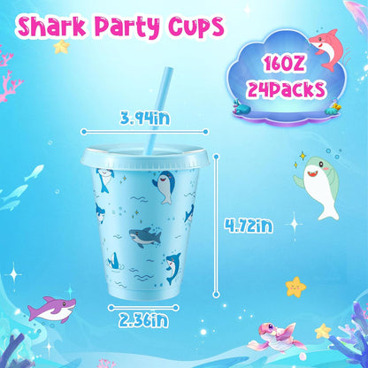 24 Set 16oz Summer Shark Cups Bulk with Lids and Straw Ocean Sea Plastic Tumblers Shark Themed Party Favor for Birthday Summer Activities Supplies(Bright)
