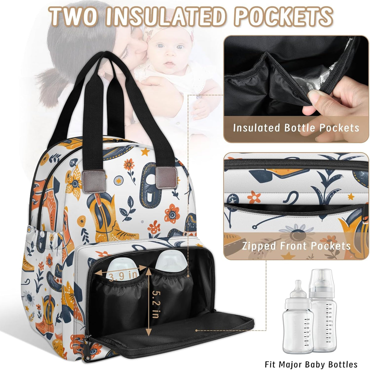 Leaves Fall Diaper Bag Backpack for Travel, Waterproof Diaper Bag with Insulated Bottle Pockets & USB Port, Large Capacity Baby Bag for Moms & Dads