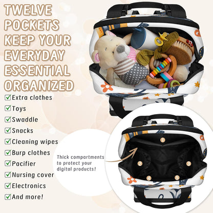 Leaves Fall Diaper Bag Backpack for Travel, Waterproof Diaper Bag with Insulated Bottle Pockets & USB Port, Large Capacity Baby Bag for Moms & Dads