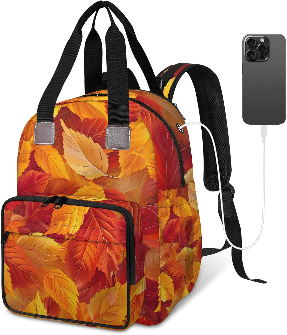 Leaves Fall Diaper Bag Backpack for Travel, Waterproof Diaper Bag with Insulated Bottle Pockets & USB Port, Large Capacity Baby Bag for Moms & Dads