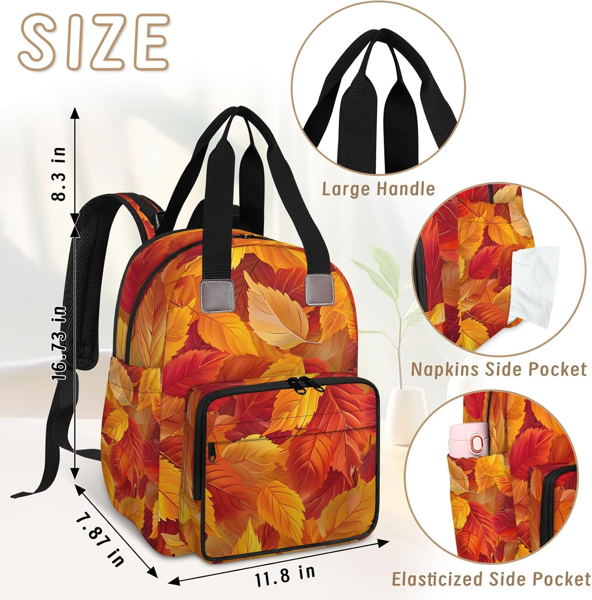 Leaves Fall Diaper Bag Backpack for Travel, Waterproof Diaper Bag with Insulated Bottle Pockets & USB Port, Large Capacity Baby Bag for Moms & Dads