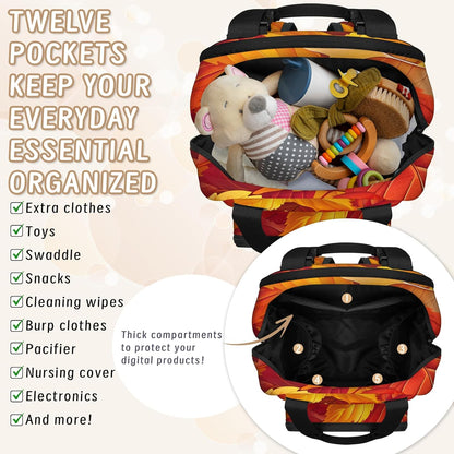 Leaves Fall Diaper Bag Backpack for Travel, Waterproof Diaper Bag with Insulated Bottle Pockets & USB Port, Large Capacity Baby Bag for Moms & Dads