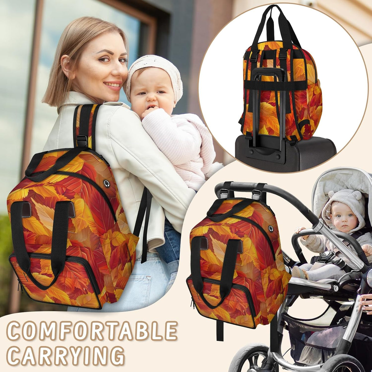 Leaves Fall Diaper Bag Backpack for Travel, Waterproof Diaper Bag with Insulated Bottle Pockets & USB Port, Large Capacity Baby Bag for Moms & Dads