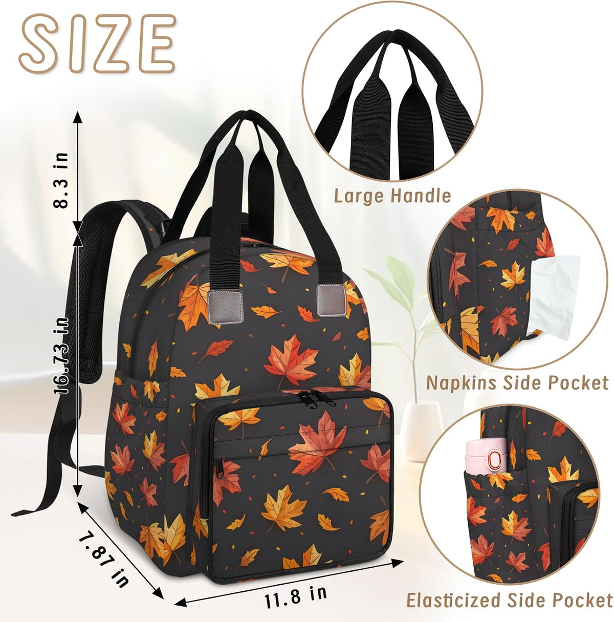 Leaves Fall Diaper Bag Backpack for Travel, Waterproof Diaper Bag with Insulated Bottle Pockets & USB Port, Large Capacity Baby Bag for Moms & Dads
