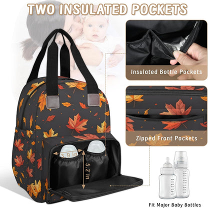 Leaves Fall Diaper Bag Backpack for Travel, Waterproof Diaper Bag with Insulated Bottle Pockets & USB Port, Large Capacity Baby Bag for Moms & Dads