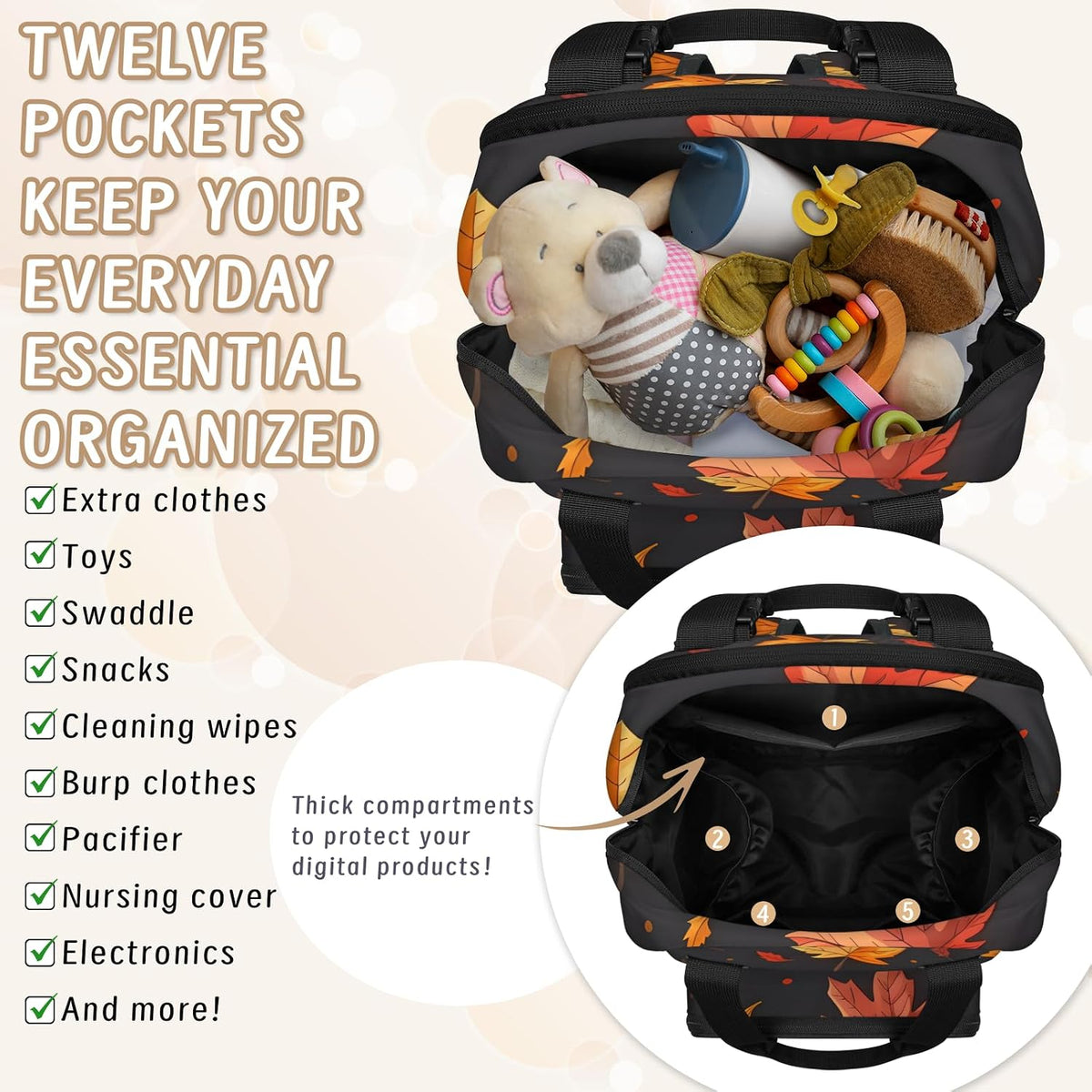 Leaves Fall Diaper Bag Backpack for Travel, Waterproof Diaper Bag with Insulated Bottle Pockets & USB Port, Large Capacity Baby Bag for Moms & Dads