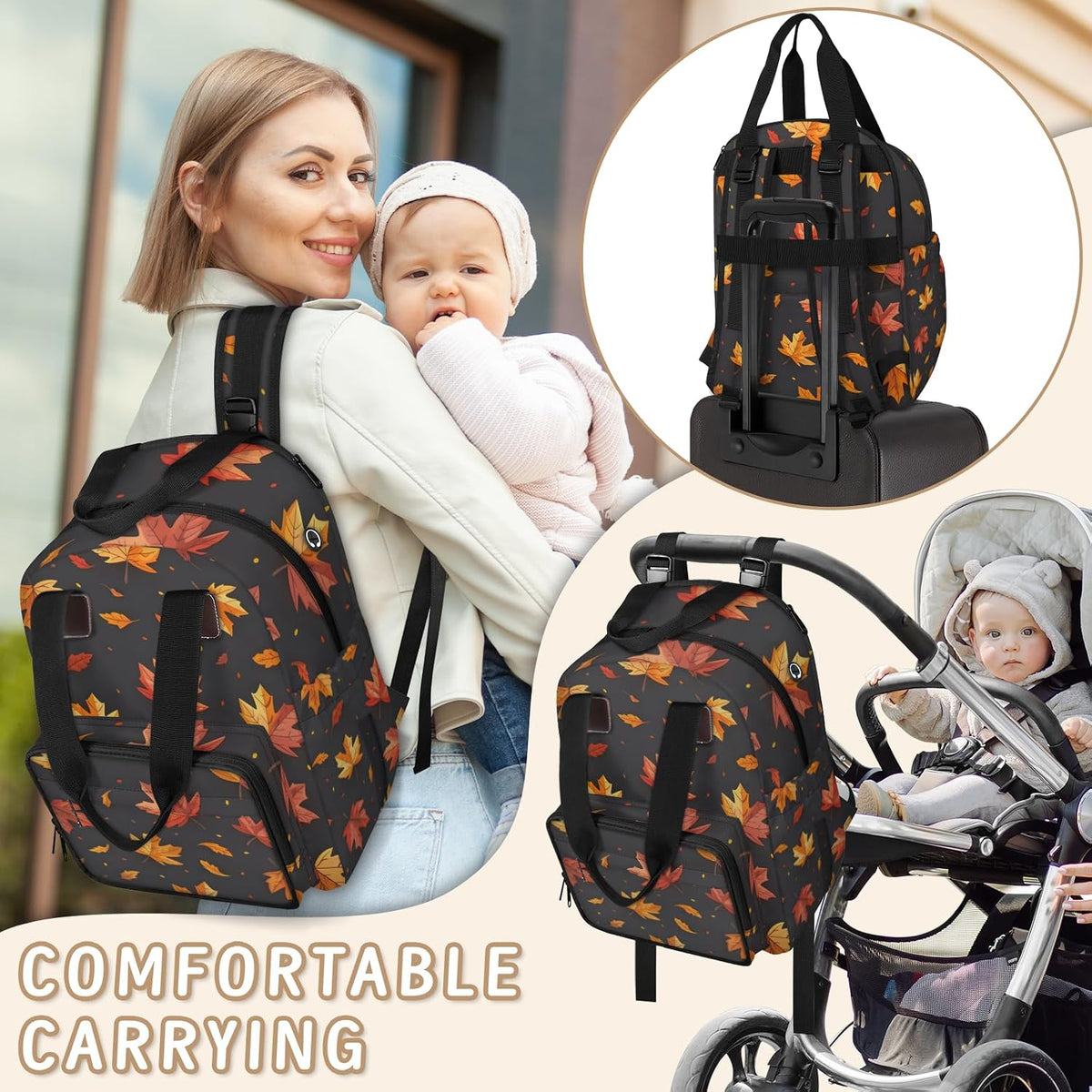 Leaves Fall Diaper Bag Backpack for Travel, Waterproof Diaper Bag with Insulated Bottle Pockets & USB Port, Large Capacity Baby Bag for Moms & Dads
