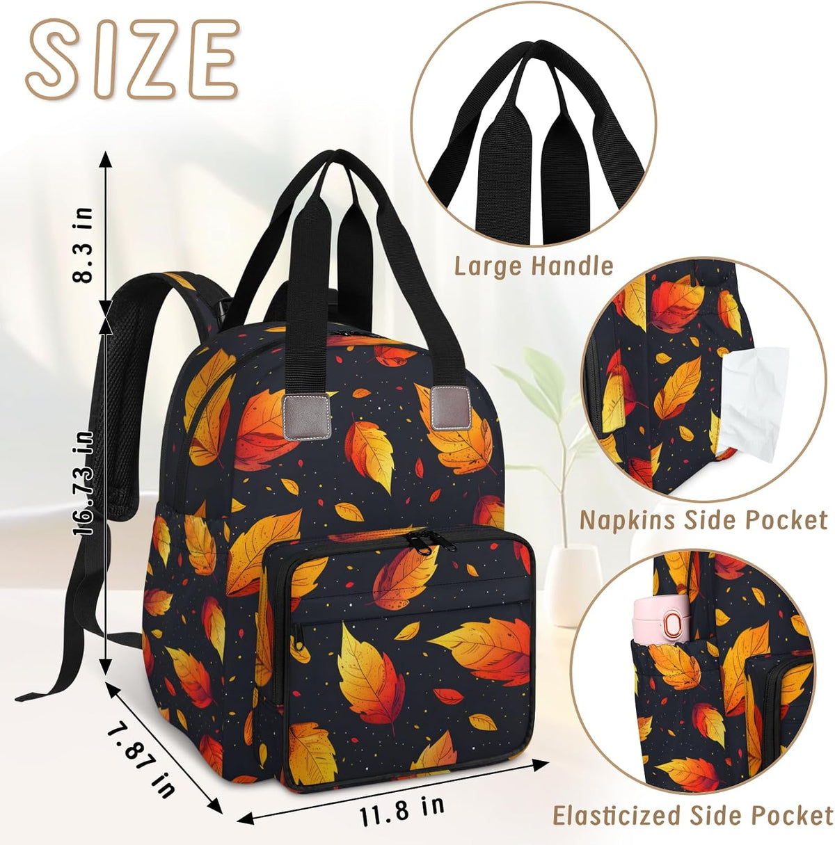 Leaves Fall Diaper Bag Backpack for Travel, Waterproof Diaper Bag with Insulated Bottle Pockets & USB Port, Large Capacity Baby Bag for Moms & Dads