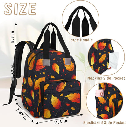 Leaves Fall Diaper Bag Backpack for Travel, Waterproof Diaper Bag with Insulated Bottle Pockets & USB Port, Large Capacity Baby Bag for Moms & Dads