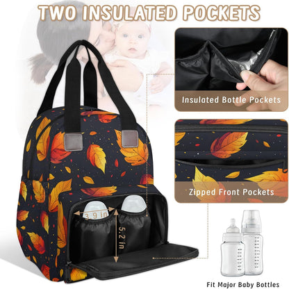 Leaves Fall Diaper Bag Backpack for Travel, Waterproof Diaper Bag with Insulated Bottle Pockets & USB Port, Large Capacity Baby Bag for Moms & Dads