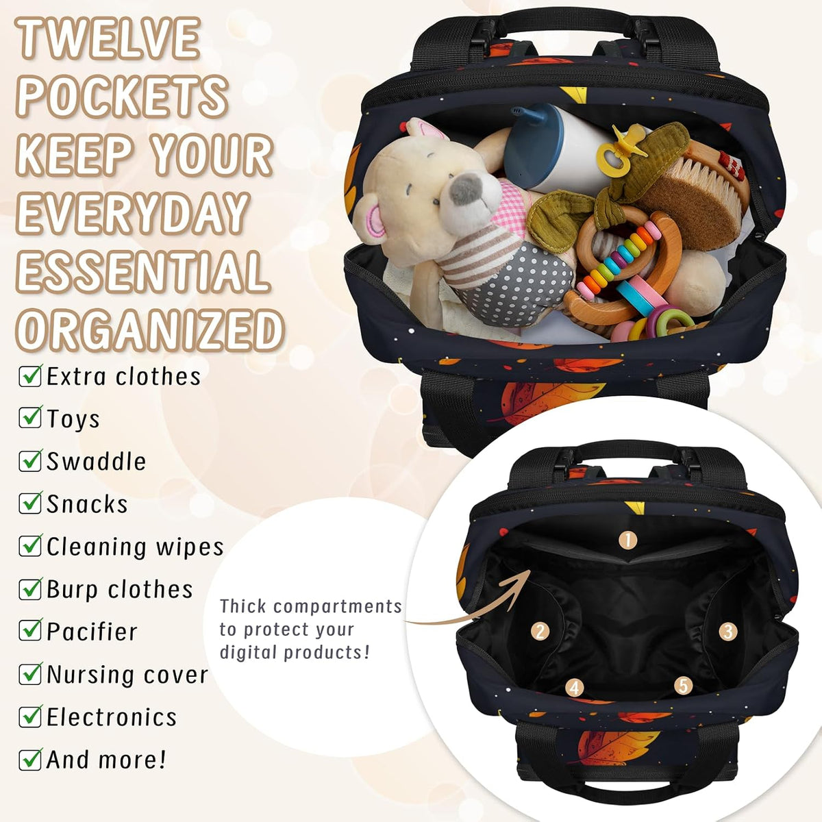 Leaves Fall Diaper Bag Backpack for Travel, Waterproof Diaper Bag with Insulated Bottle Pockets & USB Port, Large Capacity Baby Bag for Moms & Dads