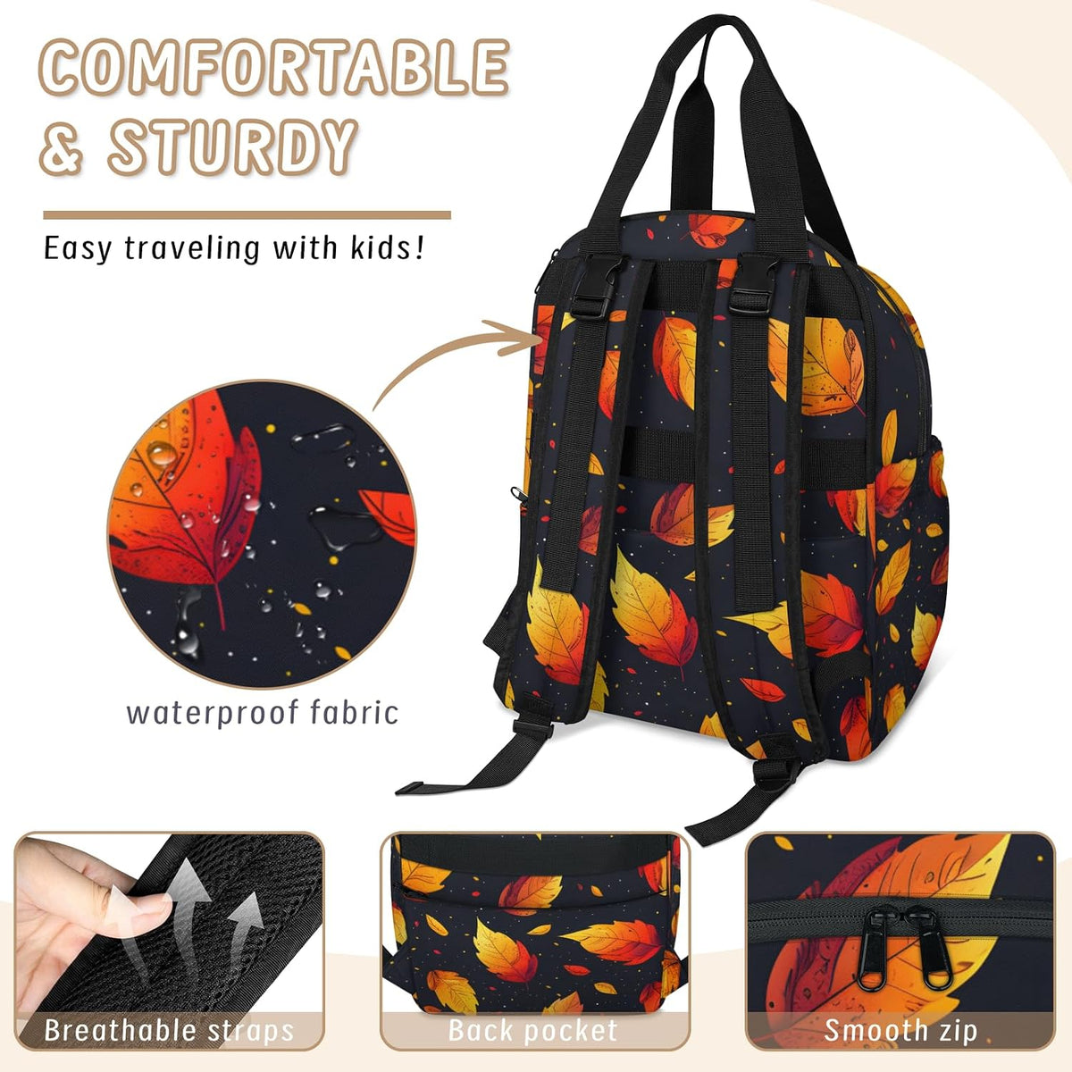 Leaves Fall Diaper Bag Backpack for Travel, Waterproof Diaper Bag with Insulated Bottle Pockets & USB Port, Large Capacity Baby Bag for Moms & Dads