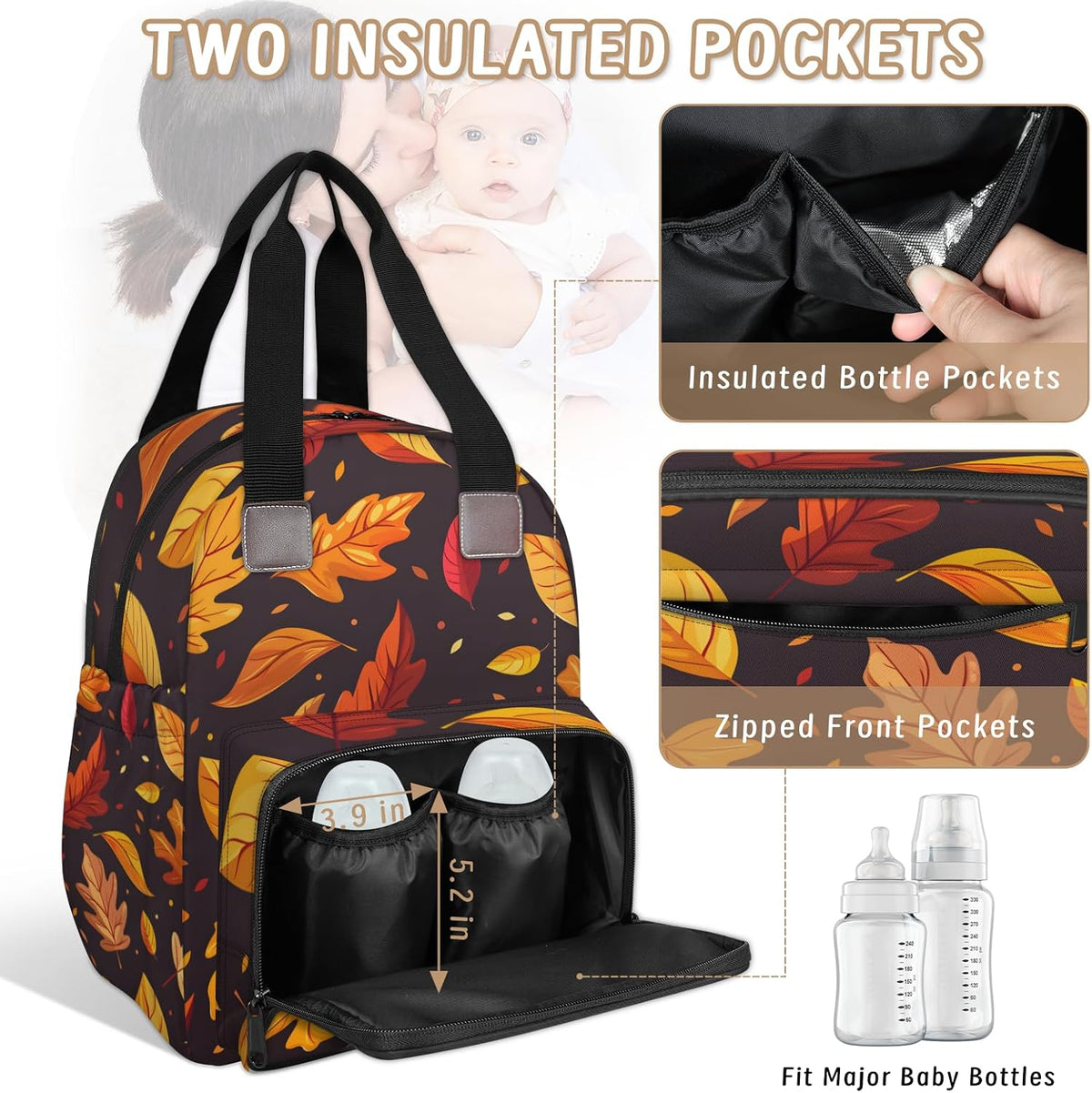 Leaves Fall Diaper Bag Backpack for Travel, Waterproof Diaper Bag with Insulated Bottle Pockets & USB Port, Large Capacity Baby Bag for Moms & Dads