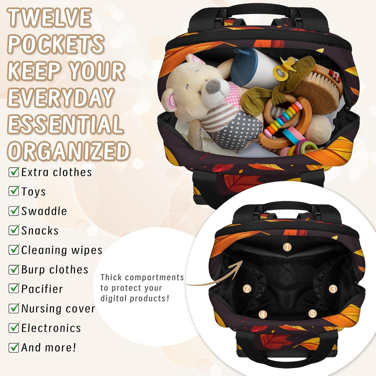 Leaves Fall Diaper Bag Backpack for Travel, Waterproof Diaper Bag with Insulated Bottle Pockets & USB Port, Large Capacity Baby Bag for Moms & Dads
