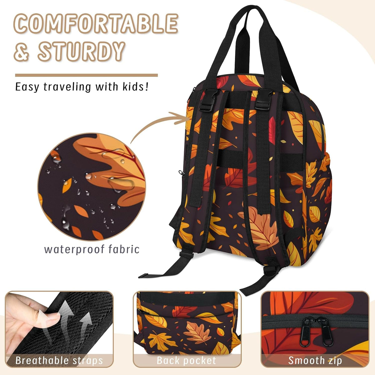 Leaves Fall Diaper Bag Backpack for Travel, Waterproof Diaper Bag with Insulated Bottle Pockets & USB Port, Large Capacity Baby Bag for Moms & Dads