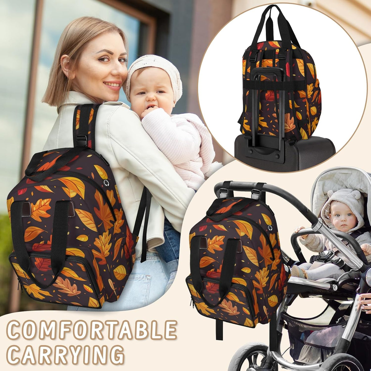 Leaves Fall Diaper Bag Backpack for Travel, Waterproof Diaper Bag with Insulated Bottle Pockets & USB Port, Large Capacity Baby Bag for Moms & Dads