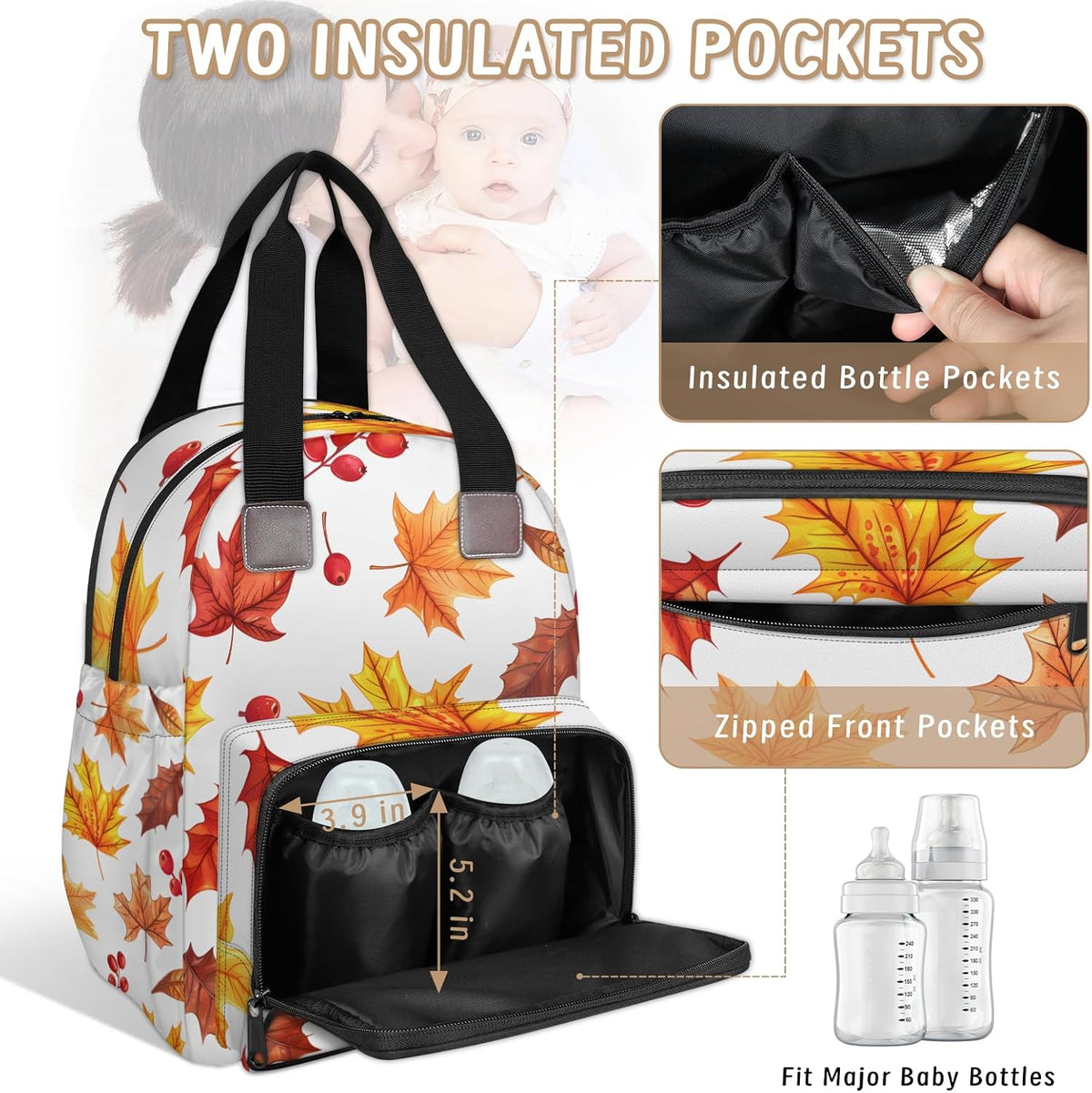Leaves Fall Diaper Bag Backpack for Travel, Waterproof Diaper Bag with Insulated Bottle Pockets & USB Port, Large Capacity Baby Bag for Moms & Dads