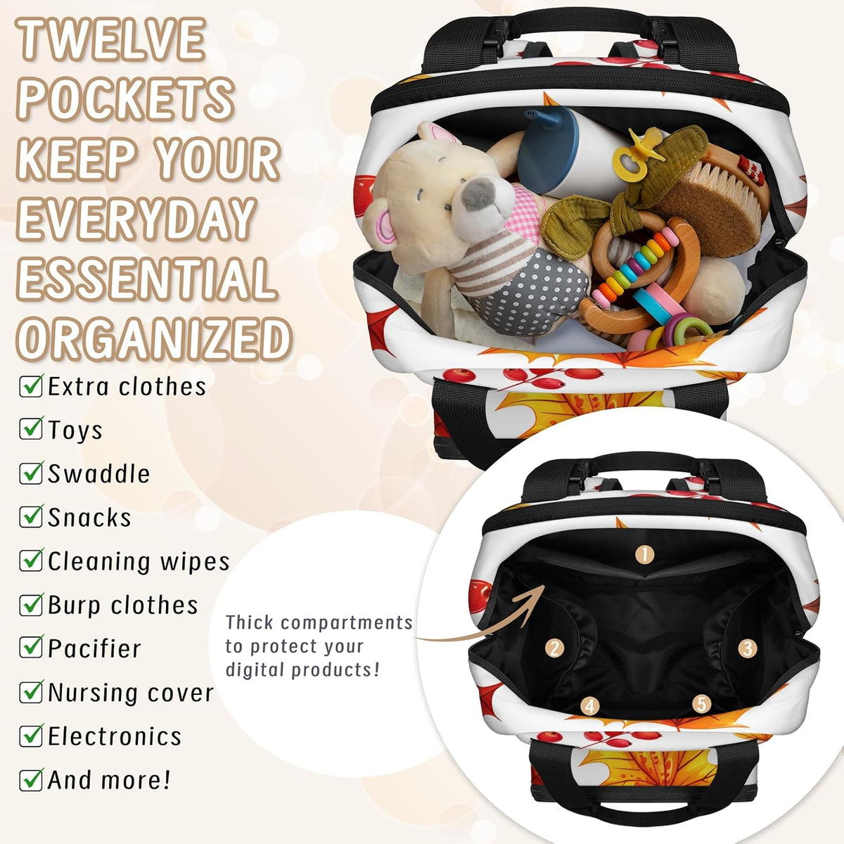 Leaves Fall Diaper Bag Backpack for Travel, Waterproof Diaper Bag with Insulated Bottle Pockets & USB Port, Large Capacity Baby Bag for Moms & Dads