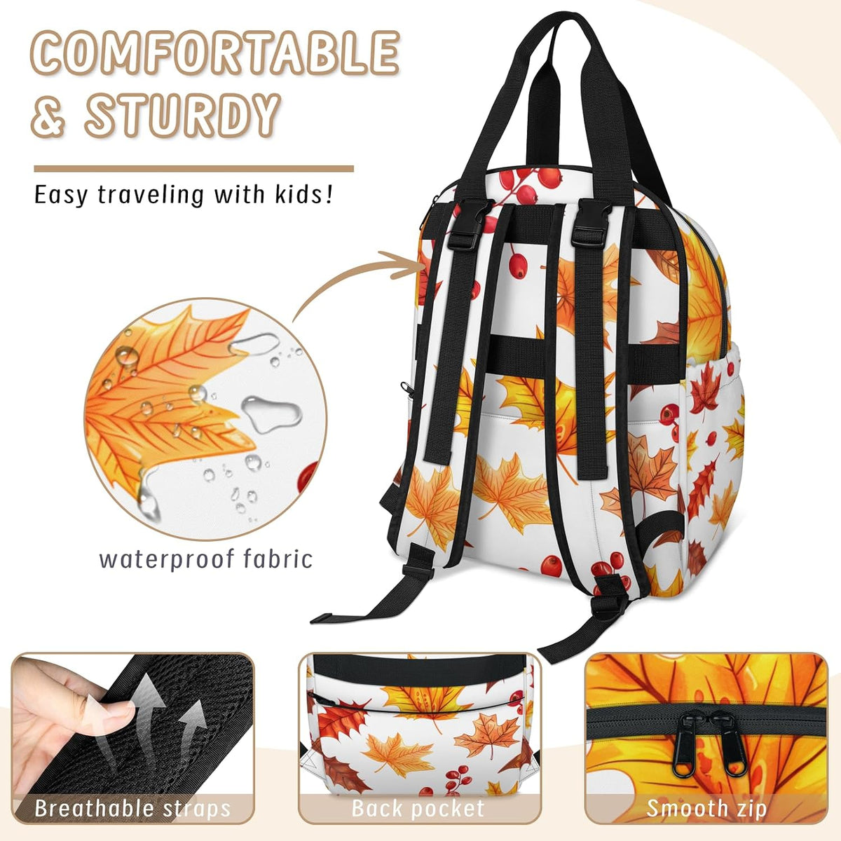 Leaves Fall Diaper Bag Backpack for Travel, Waterproof Diaper Bag with Insulated Bottle Pockets & USB Port, Large Capacity Baby Bag for Moms & Dads