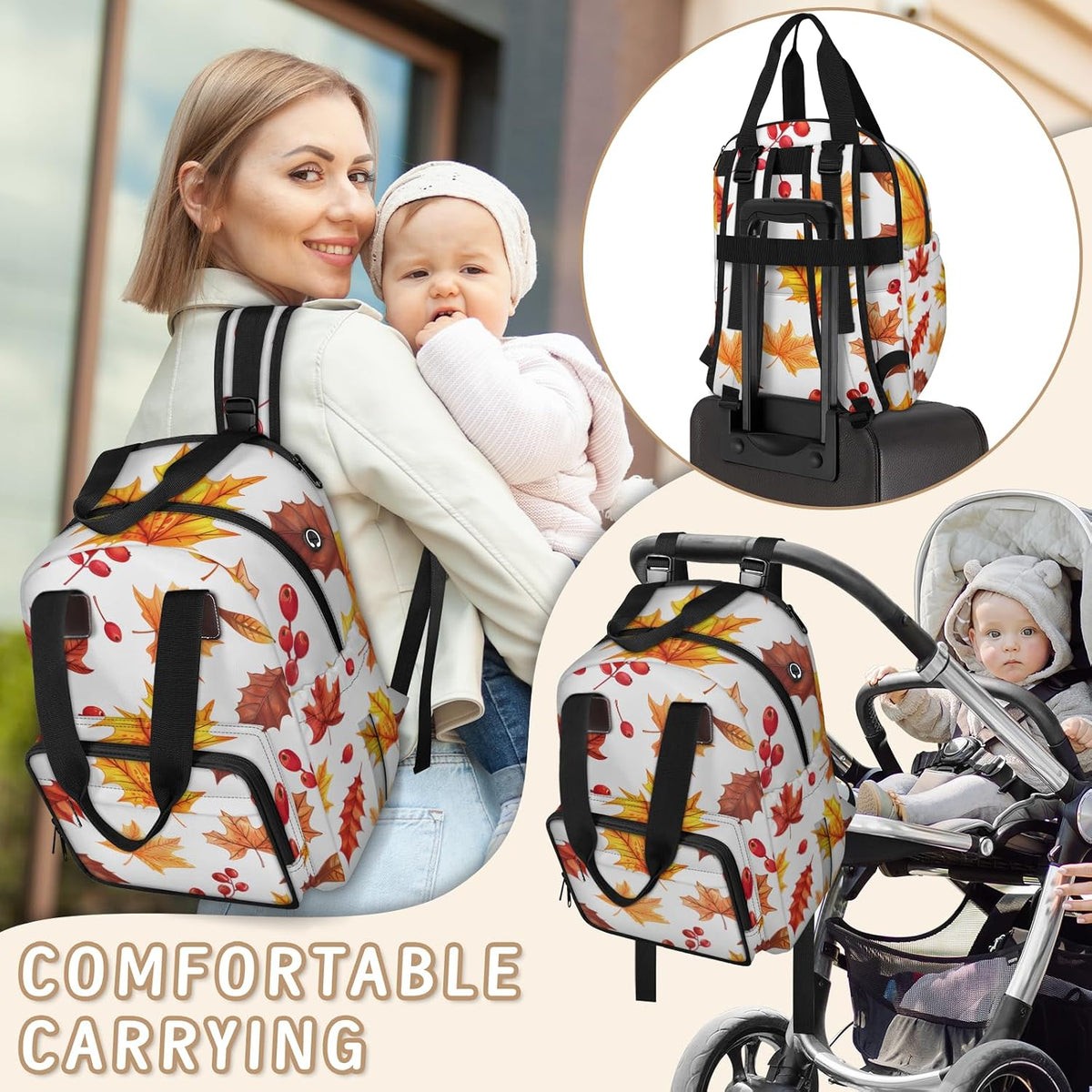 Leaves Fall Diaper Bag Backpack for Travel, Waterproof Diaper Bag with Insulated Bottle Pockets & USB Port, Large Capacity Baby Bag for Moms & Dads