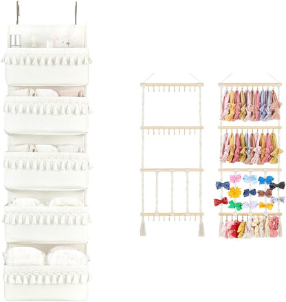 Over The Door Organizer with 5 Pockets and Headband Holder Bow Hanger for Girls Hair Bows Boho Nursery Decor for Baby's Room Bathroom Apartments Dorm Pantry