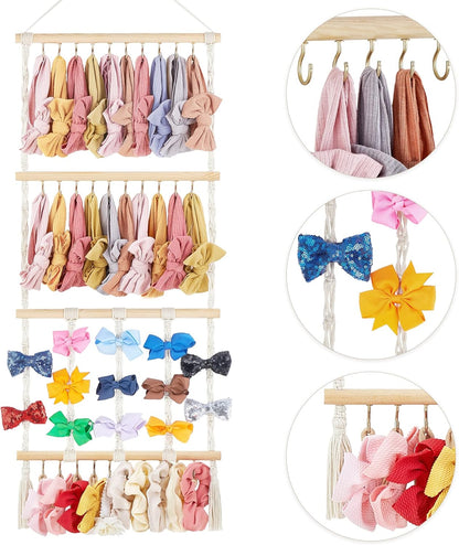 Over The Door Organizer with 5 Pockets and Headband Holder Bow Hanger for Girls Hair Bows Boho Nursery Decor for Baby's Room Bathroom Apartments Dorm Pantry