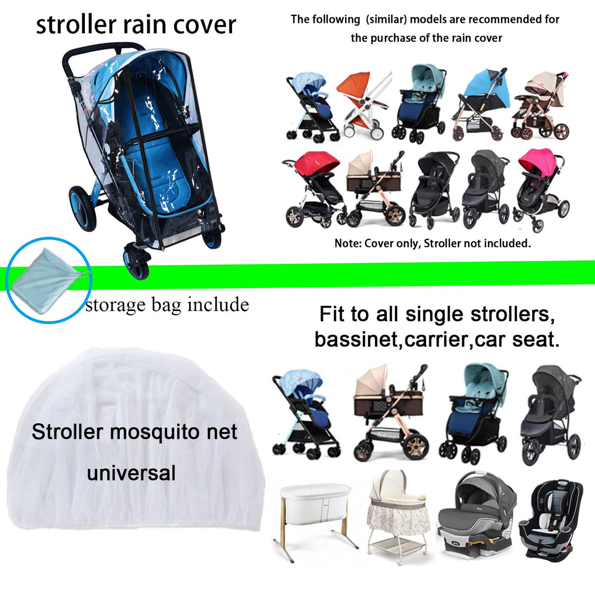 Stroller Rain Cover Baby Mosquito Net Universal Weather Shield Bug Net for Jogging Stroller Pushchair Buggy Pram Protect Baby from Rain Insect Wind Bug Snow Fly Shade Shield Netting Plastic