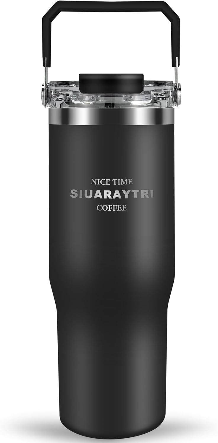 30 oz Insulated Tumbler with Handle and Flip Straw Lid - 100% Leak Proof Stainless Steel Water Bottle - Vacuum Sealed Travel Mug for Iced Coffee & Tea - Cupholder Friendly & BPA Free (Brown)