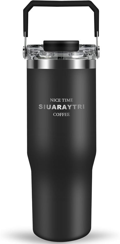 30 oz Insulated Tumbler with Handle and Flip Straw Lid - 100% Leak Proof Stainless Steel Water Bottle - Vacuum Sealed Travel Mug for Iced Coffee & Tea - Cupholder Friendly & BPA Free (Brown)