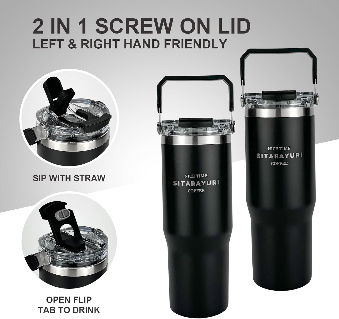 30 oz Insulated Tumbler with Handle and Flip Straw Lid - 100% Leak Proof Stainless Steel Water Bottle - Vacuum Sealed Travel Mug for Iced Coffee & Tea - Cupholder Friendly & BPA Free (Brown)