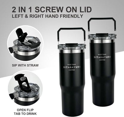 30 oz Insulated Tumbler with Handle and Flip Straw Lid - 100% Leak Proof Stainless Steel Water Bottle - Vacuum Sealed Travel Mug for Iced Coffee & Tea - Cupholder Friendly & BPA Free (Brown)