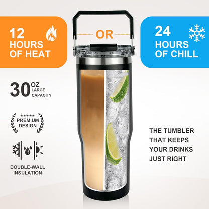 30 oz Insulated Tumbler with Handle and Flip Straw Lid - 100% Leak Proof Stainless Steel Water Bottle - Vacuum Sealed Travel Mug for Iced Coffee & Tea - Cupholder Friendly & BPA Free (Brown)