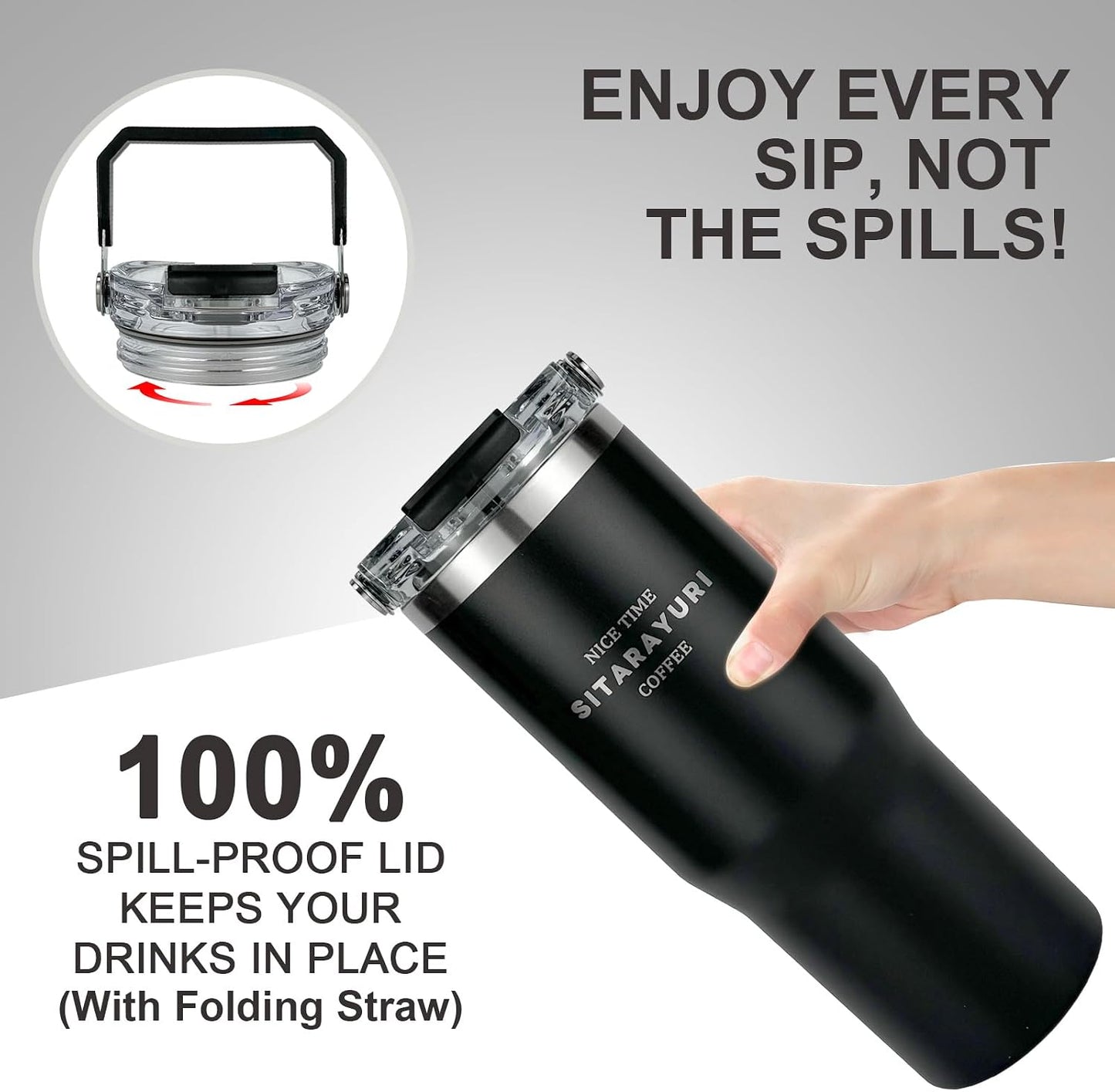 30 oz Insulated Tumbler with Handle and Flip Straw Lid - 100% Leak Proof Stainless Steel Water Bottle - Vacuum Sealed Travel Mug for Iced Coffee & Tea - Cupholder Friendly & BPA Free (Brown)
