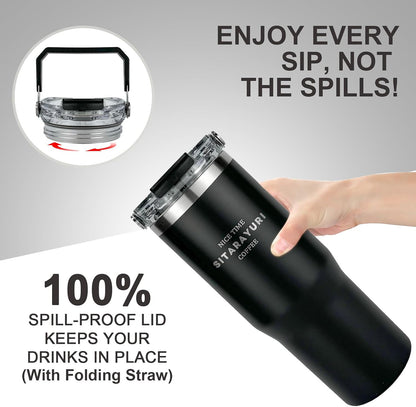 30 oz Insulated Tumbler with Handle and Flip Straw Lid - 100% Leak Proof Stainless Steel Water Bottle - Vacuum Sealed Travel Mug for Iced Coffee & Tea - Cupholder Friendly & BPA Free (Brown)