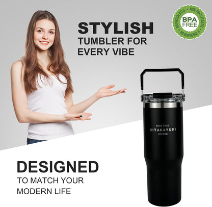 30 oz Insulated Tumbler with Handle and Flip Straw Lid - 100% Leak Proof Stainless Steel Water Bottle - Vacuum Sealed Travel Mug for Iced Coffee & Tea - Cupholder Friendly & BPA Free (Brown)