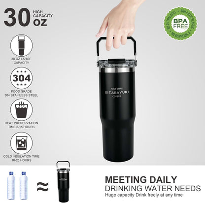 30 oz Insulated Tumbler with Handle and Flip Straw Lid - 100% Leak Proof Stainless Steel Water Bottle - Vacuum Sealed Travel Mug for Iced Coffee & Tea - Cupholder Friendly & BPA Free (Brown)