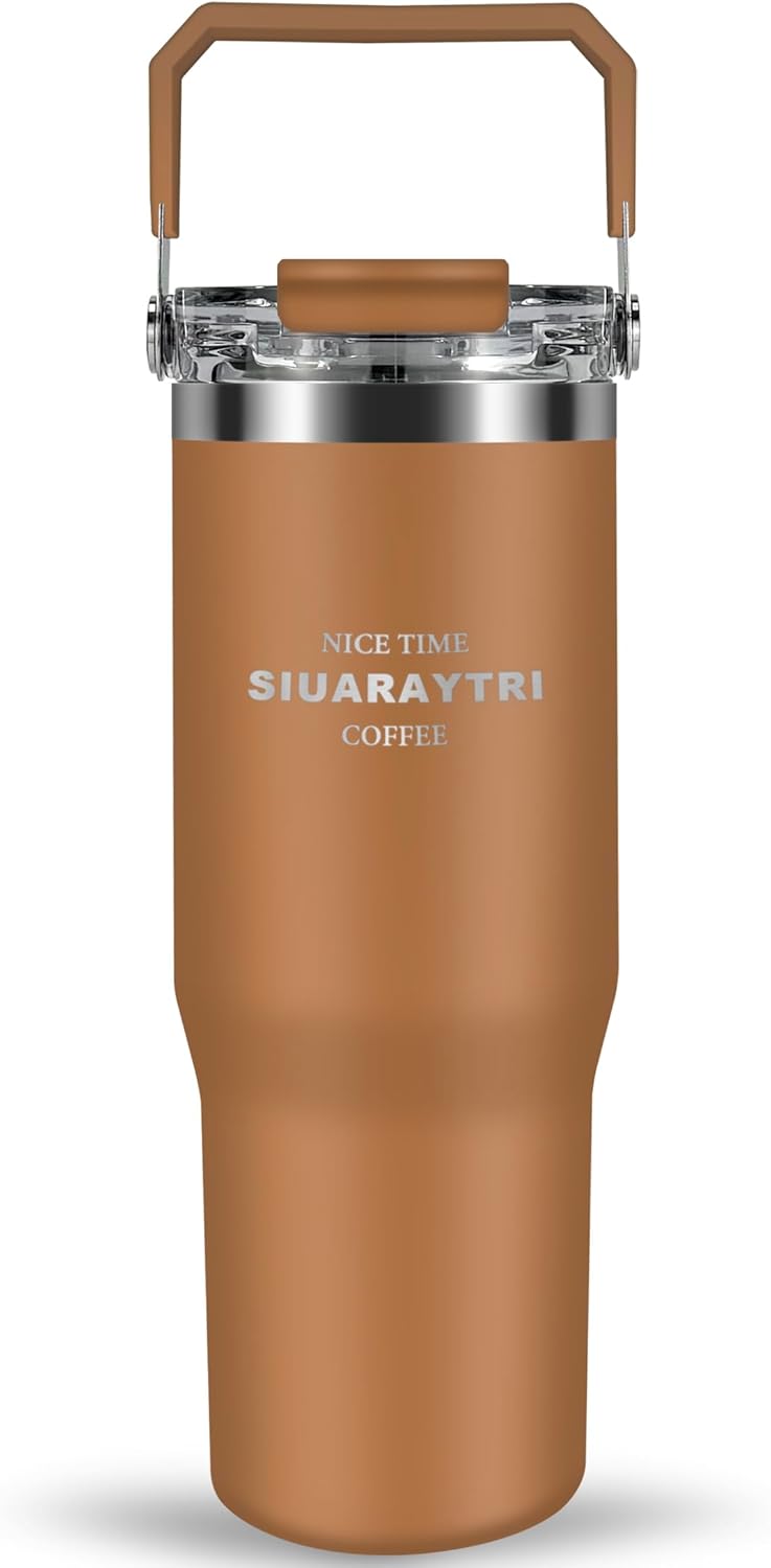 30 oz Insulated Tumbler with Handle and Flip Straw Lid - 100% Leak Proof Stainless Steel Water Bottle - Vacuum Sealed Travel Mug for Iced Coffee & Tea - Cupholder Friendly & BPA Free (Brown)
