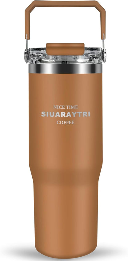 30 oz Insulated Tumbler with Handle and Flip Straw Lid - 100% Leak Proof Stainless Steel Water Bottle - Vacuum Sealed Travel Mug for Iced Coffee & Tea - Cupholder Friendly & BPA Free (Brown)