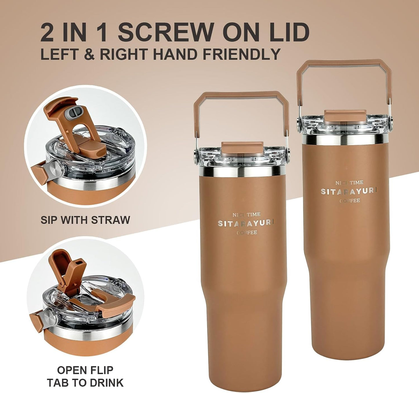 30 oz Insulated Tumbler with Handle and Flip Straw Lid - 100% Leak Proof Stainless Steel Water Bottle - Vacuum Sealed Travel Mug for Iced Coffee & Tea - Cupholder Friendly & BPA Free (Brown)