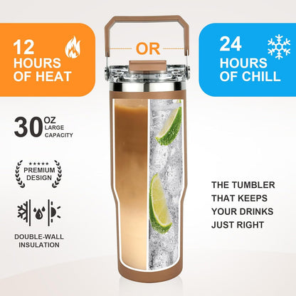 30 oz Insulated Tumbler with Handle and Flip Straw Lid - 100% Leak Proof Stainless Steel Water Bottle - Vacuum Sealed Travel Mug for Iced Coffee & Tea - Cupholder Friendly & BPA Free (Brown)