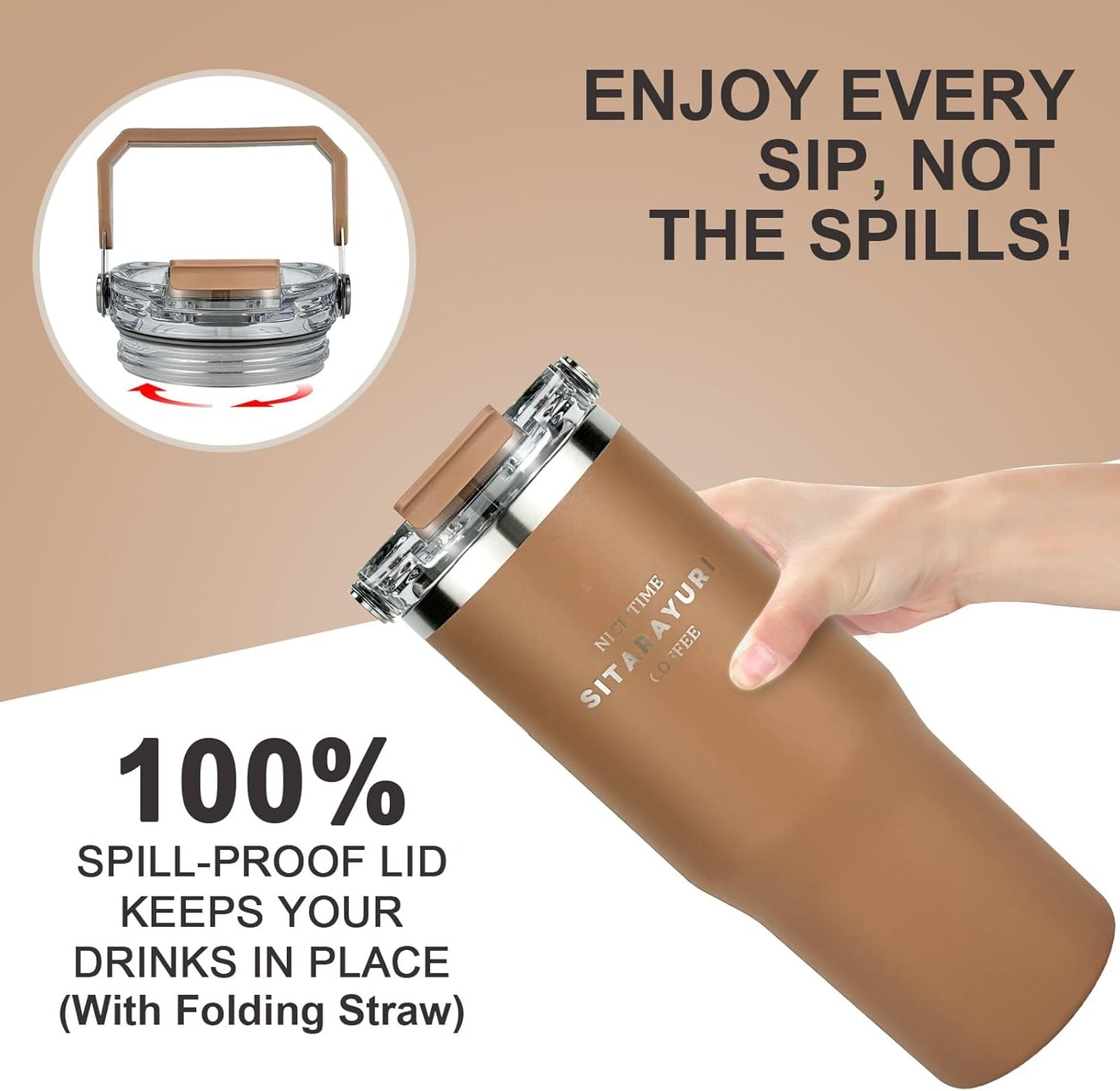 30 oz Insulated Tumbler with Handle and Flip Straw Lid - 100% Leak Proof Stainless Steel Water Bottle - Vacuum Sealed Travel Mug for Iced Coffee & Tea - Cupholder Friendly & BPA Free (Brown)