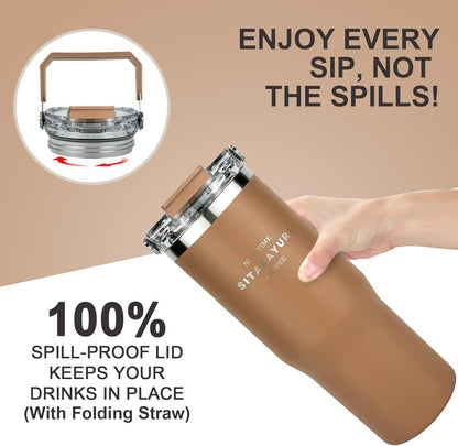 30 oz Insulated Tumbler with Handle and Flip Straw Lid - 100% Leak Proof Stainless Steel Water Bottle - Vacuum Sealed Travel Mug for Iced Coffee & Tea - Cupholder Friendly & BPA Free (Brown)