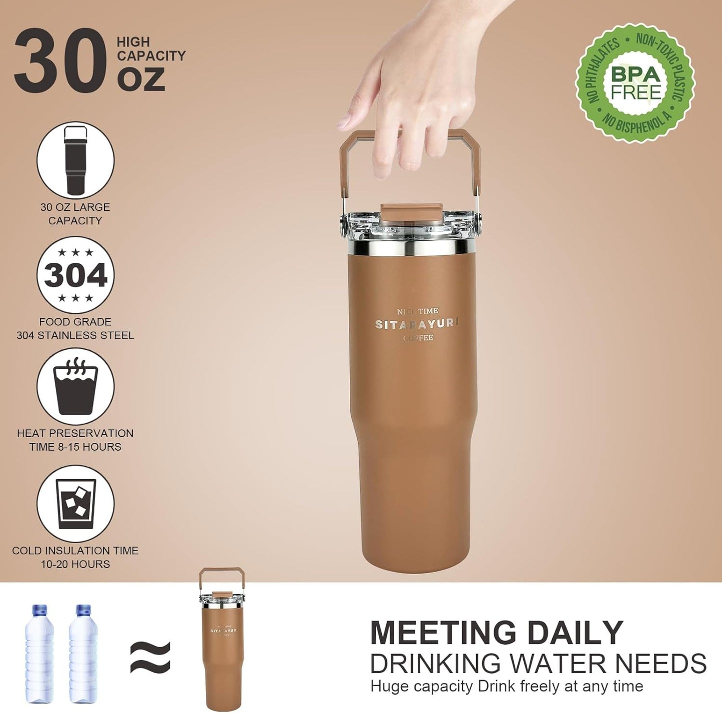 30 oz Insulated Tumbler with Handle and Flip Straw Lid - 100% Leak Proof Stainless Steel Water Bottle - Vacuum Sealed Travel Mug for Iced Coffee & Tea - Cupholder Friendly & BPA Free (Brown)