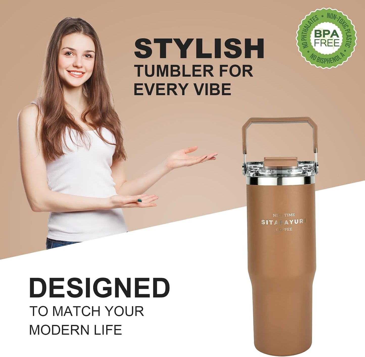 30 oz Insulated Tumbler with Handle and Flip Straw Lid - 100% Leak Proof Stainless Steel Water Bottle - Vacuum Sealed Travel Mug for Iced Coffee & Tea - Cupholder Friendly & BPA Free (Brown)