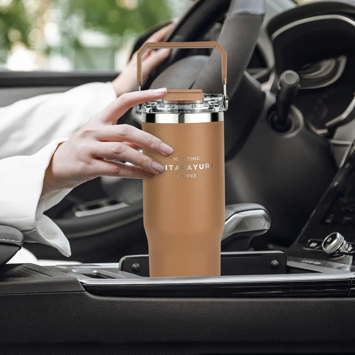 30 oz Insulated Tumbler with Handle and Flip Straw Lid - 100% Leak Proof Stainless Steel Water Bottle - Vacuum Sealed Travel Mug for Iced Coffee & Tea - Cupholder Friendly & BPA Free (Brown)
