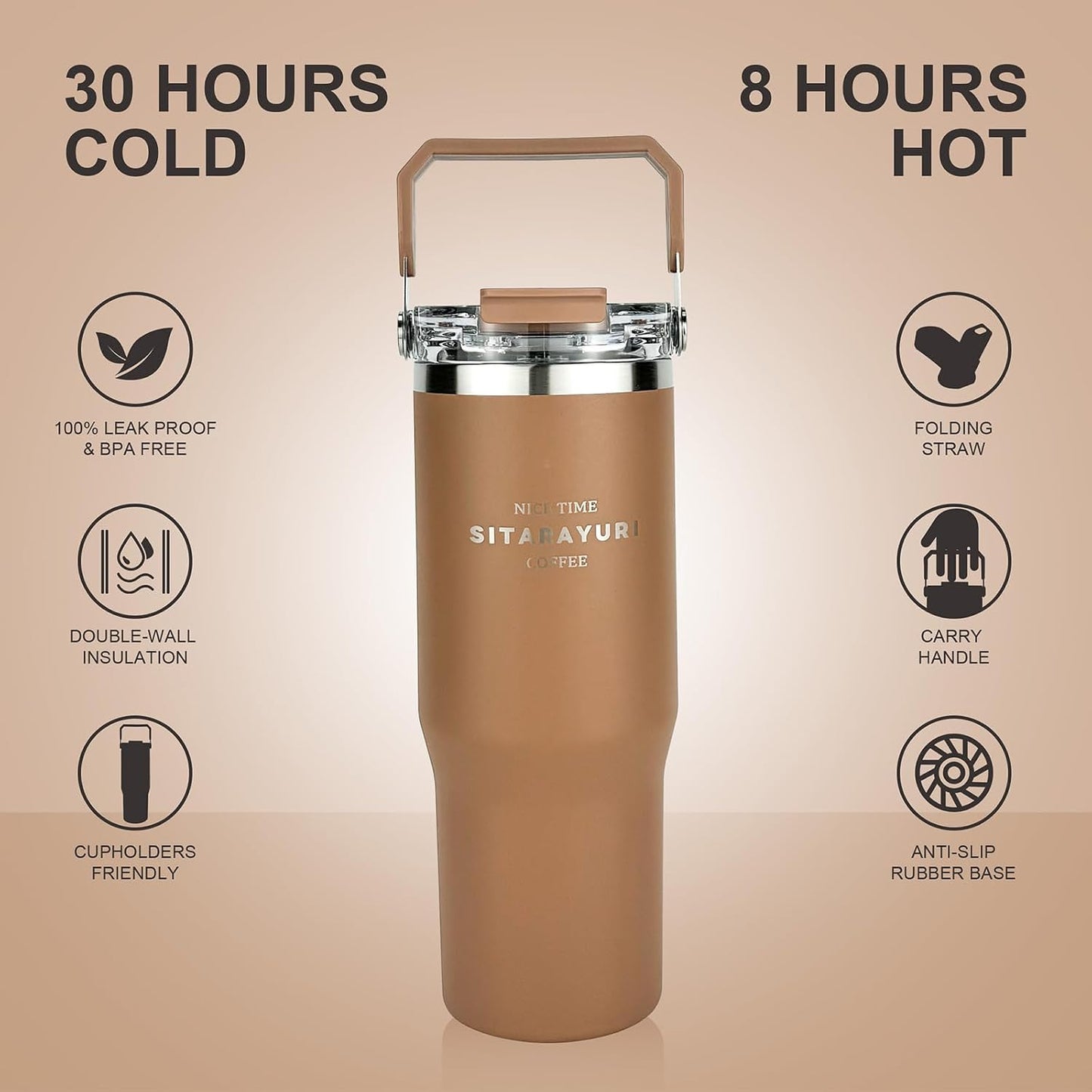 30 oz Insulated Tumbler with Handle and Flip Straw Lid - 100% Leak Proof Stainless Steel Water Bottle - Vacuum Sealed Travel Mug for Iced Coffee & Tea - Cupholder Friendly & BPA Free (Brown)