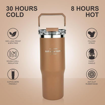 30 oz Insulated Tumbler with Handle and Flip Straw Lid - 100% Leak Proof Stainless Steel Water Bottle - Vacuum Sealed Travel Mug for Iced Coffee & Tea - Cupholder Friendly & BPA Free (Brown)